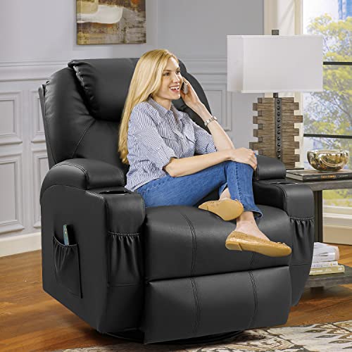 YESHOMY Swivel Rocker Recliner with Massage and Heating Functions, Sofa Chair with Remote Control and Two Cup Holders, Suitable for Living Room, Black