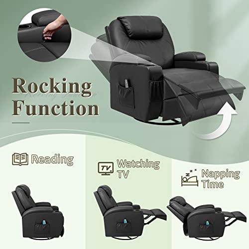 YESHOMY Swivel Rocker Recliner with Massage and Heating Functions, Sofa Chair with Remote Control and Two Cup Holders, Suitable for Living Room, Black