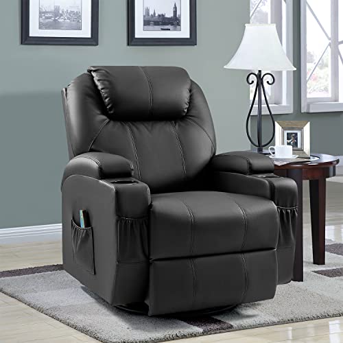 YESHOMY Swivel Rocker Recliner with Massage and Heating Functions, Sofa Chair with Remote Control and Two Cup Holders, Suitable for Living Room, Black