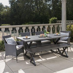 Christopher Knight Home Owenburg Outdoor Aluminum Dining Set with Bench and Wicker Dining Chairs, 6-Pcs Set, Grey / Black / Silver