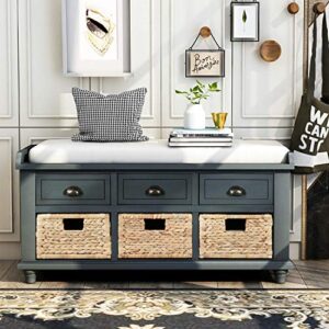softsea organizer storage bench entryway bench with 3 drawers, 3 rattan baskets and removable cushion for entryway, hallway, living room, home collection fully assemble storage bench(antique navy)