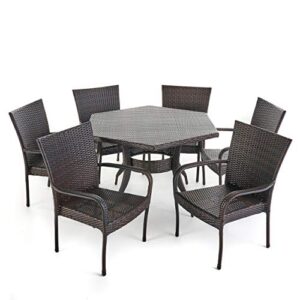 christopher knight home leighton outdoor wicker hexagonal dining set with stacking chairs, 7-pcs set, multibrown