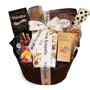 sincere sympathy and condolence gift basket, sympathy food basket for loss of a loved one, gourmet & beautifully arranged funeral basket, bereavement care package for mourning and grieving, by nikki’s gift basket