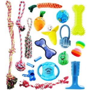 pacific pups products for dogs 18 piece dog toy set with dog chew toys, rope toys for dogs, plush dog toys and dog treat dispenser ball – supports non-profit dog rescue