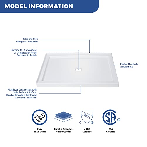 CKB 60 x 32 inch Center Drain Double Threshold Shower Base, Flat Surface Shower Pan, White,Left Side