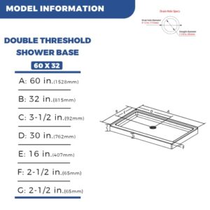 CKB 60 x 32 inch Center Drain Double Threshold Shower Base, Flat Surface Shower Pan, White,Left Side