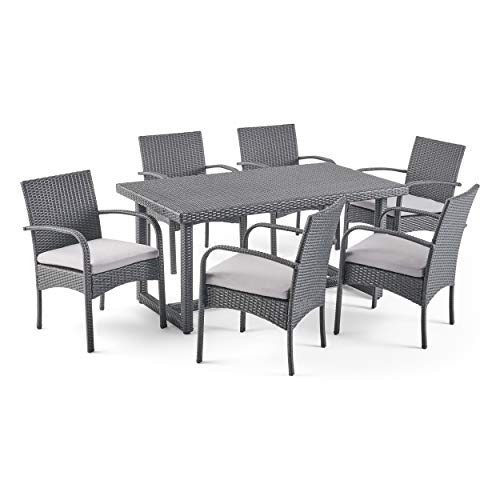 Christopher Knight Home Sophia Outdoor 7 Piece Wicker Dining Set, Grey Cushions