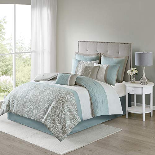 510 DESIGN Luxe Quilted Comforter Set Modern Transitional Design, All Season Down Alternative Warm Bedding Matching Shams, Bedskirt, Decorative Pillow, Queen, Shawnee Scrollwork Seafoam