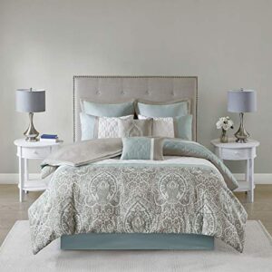 510 DESIGN Luxe Quilted Comforter Set Modern Transitional Design, All Season Down Alternative Warm Bedding Matching Shams, Bedskirt, Decorative Pillow, Queen, Shawnee Scrollwork Seafoam