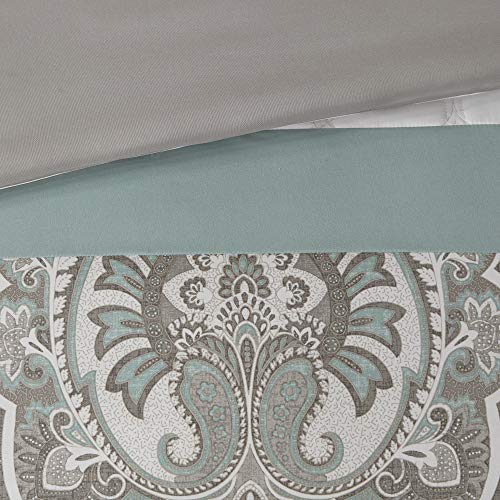 510 DESIGN Luxe Quilted Comforter Set Modern Transitional Design, All Season Down Alternative Warm Bedding Matching Shams, Bedskirt, Decorative Pillow, Queen, Shawnee Scrollwork Seafoam