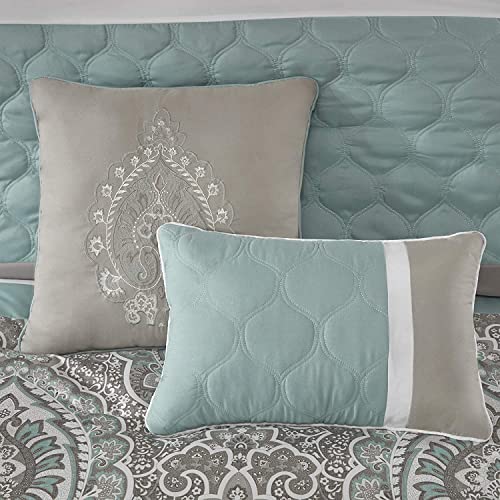 510 DESIGN Luxe Quilted Comforter Set Modern Transitional Design, All Season Down Alternative Warm Bedding Matching Shams, Bedskirt, Decorative Pillow, Queen, Shawnee Scrollwork Seafoam