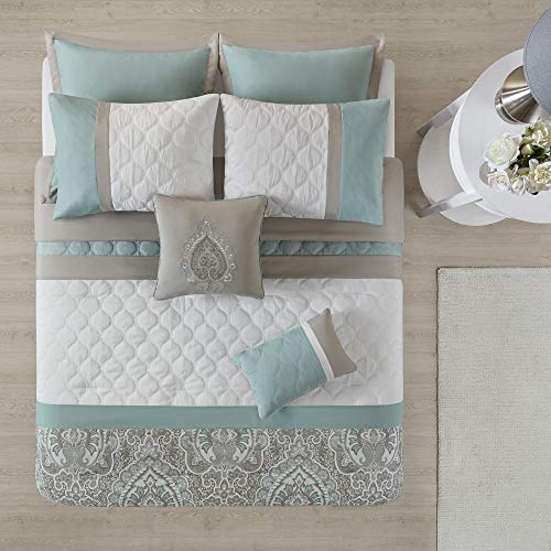 510 DESIGN Luxe Quilted Comforter Set Modern Transitional Design, All Season Down Alternative Warm Bedding Matching Shams, Bedskirt, Decorative Pillow, Queen, Shawnee Scrollwork Seafoam