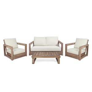 christopher knight home sammy, brown and beige outdoor 4 seater acacia wood chat set with water resistant cushions