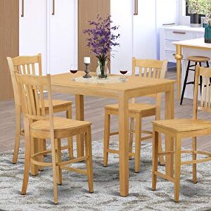 East West Furniture YAGR5-OAK-W 5 Piece Kitchen Counter Height Dining Table Set Includes a Rectangle Dining Room Table and 4 Wooden Seat Chairs, 30x48 Inch, Oak