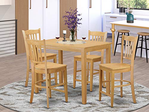 East West Furniture YAGR5-OAK-W 5 Piece Kitchen Counter Height Dining Table Set Includes a Rectangle Dining Room Table and 4 Wooden Seat Chairs, 30x48 Inch, Oak