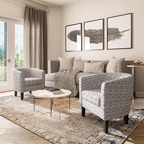 BELLEZE Modern Accent Chair, Linen Barrel Chair Cozy Arm Chair for Living Room, Bedroom, or Reception Room with Flared Legs and Plush Cushion - Highland (White & Brown)
