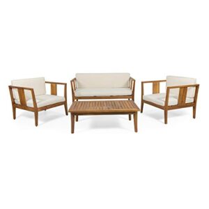 christopher knight home beatrice outdoor 4 seater acacia wood chat set, teak and beige