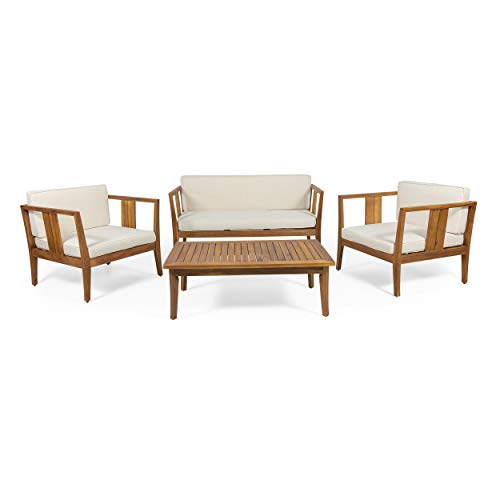 Christopher Knight Home Beatrice Outdoor 4 Seater Acacia Wood Chat Set, Teak and Beige