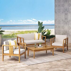 Christopher Knight Home Beatrice Outdoor 4 Seater Acacia Wood Chat Set, Teak and Beige