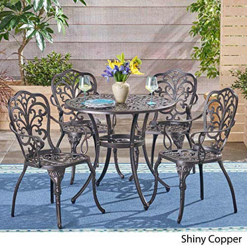 Christopher Knight Home Zona Outdoor 5 Piece Cast Aluminum Dining Set, Shiny Copper