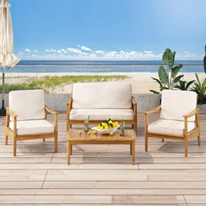 Christopher Knight Home Felix Outdoor Acacia Wood 4 Seater Chat Set with Coffee Table, Teak Finish, Beige