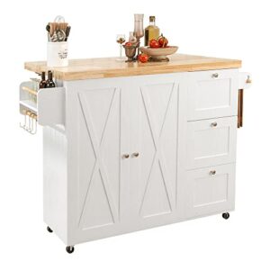 ironck rolling kitchen island cart with drop-leaf countertop, barn 3drawers, barn door style cabine,thicker rubberwood top, spice rack, on wheels, for kitchen and dining room, white