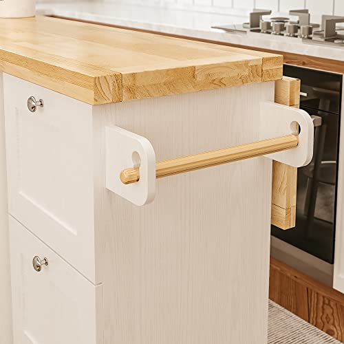 IRONCK Rolling Kitchen Island Cart with Drop-Leaf Countertop, Barn 3Drawers, Barn Door Style Cabine,Thicker Rubberwood Top, Spice Rack, on Wheels, for Kitchen and Dining Room, White