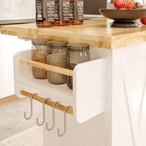 IRONCK Rolling Kitchen Island Cart with Drop-Leaf Countertop, Barn 3Drawers, Barn Door Style Cabine,Thicker Rubberwood Top, Spice Rack, on Wheels, for Kitchen and Dining Room, White
