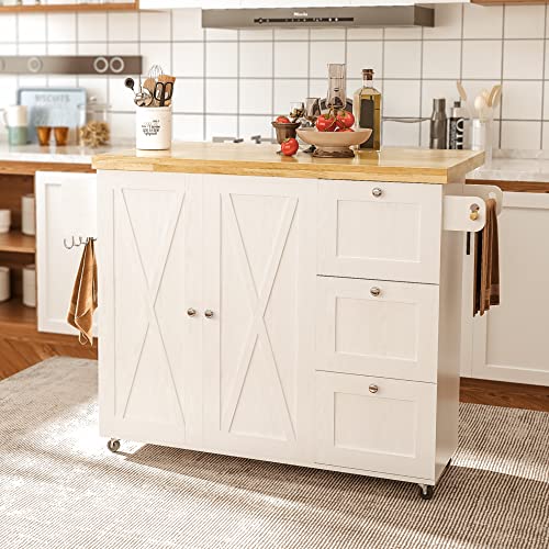 IRONCK Rolling Kitchen Island Cart with Drop-Leaf Countertop, Barn 3Drawers, Barn Door Style Cabine,Thicker Rubberwood Top, Spice Rack, on Wheels, for Kitchen and Dining Room, White