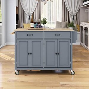 lumisl kitchen island cart with spice rack, towel rack and drawers, rolling mobile kitchen island on wheels with large storage cabinets (dusty blue)