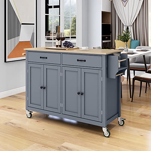 LUMISL Kitchen Island Cart with Spice Rack, Towel Rack and Drawers, Rolling Mobile Kitchen Island on Wheels with Large Storage Cabinets (Dusty Blue)