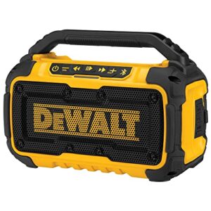 dewalt 20v max bluetooth speaker, 100 ft range, durable for jobsites, phone holder included, lasts 8-10 hours with single charge (dcr010), yellow/black