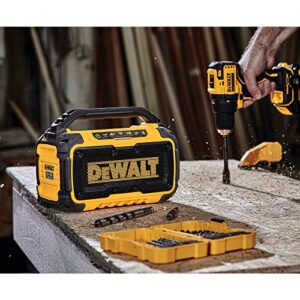 DEWALT 20V MAX Bluetooth Speaker, 100 ft Range, Durable for Jobsites, Phone Holder Included, Lasts 8-10 Hours with Single Charge (DCR010), Yellow/Black