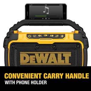 DEWALT 20V MAX Bluetooth Speaker, 100 ft Range, Durable for Jobsites, Phone Holder Included, Lasts 8-10 Hours with Single Charge (DCR010), Yellow/Black