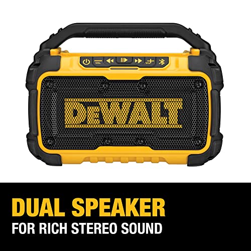 DEWALT 20V MAX Bluetooth Speaker, 100 ft Range, Durable for Jobsites, Phone Holder Included, Lasts 8-10 Hours with Single Charge (DCR010), Yellow/Black