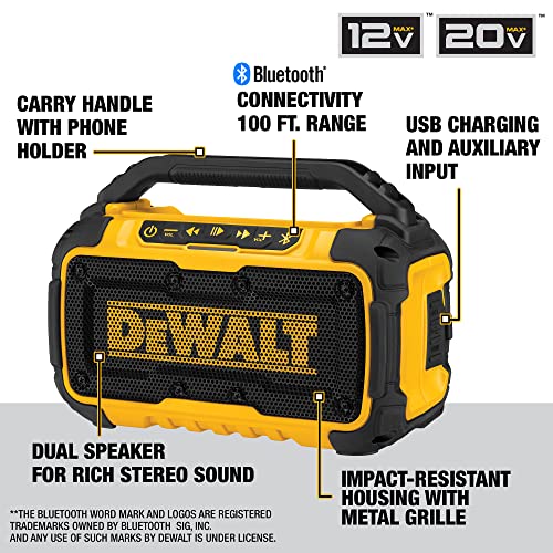 DEWALT 20V MAX Bluetooth Speaker, 100 ft Range, Durable for Jobsites, Phone Holder Included, Lasts 8-10 Hours with Single Charge (DCR010), Yellow/Black