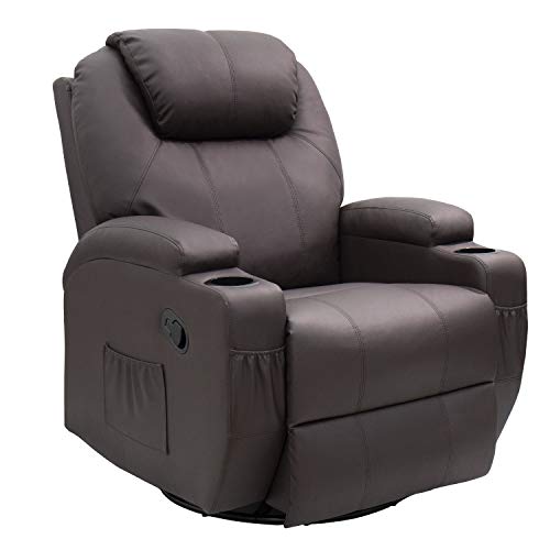 JUMMICO Recliner Chair Massage and Heating Living Room Chair, Rocking and 360° Swivel Home Leather Sofa with 2 Cup Holders and Side Pockets (Brown)