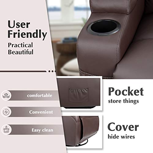 JUMMICO Recliner Chair Massage and Heating Living Room Chair, Rocking and 360° Swivel Home Leather Sofa with 2 Cup Holders and Side Pockets (Brown)