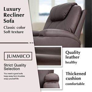 JUMMICO Recliner Chair Massage and Heating Living Room Chair, Rocking and 360° Swivel Home Leather Sofa with 2 Cup Holders and Side Pockets (Brown)