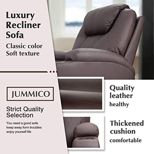 JUMMICO Recliner Chair Massage and Heating Living Room Chair, Rocking and 360° Swivel Home Leather Sofa with 2 Cup Holders and Side Pockets (Brown)