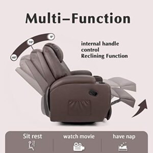 JUMMICO Recliner Chair Massage and Heating Living Room Chair, Rocking and 360° Swivel Home Leather Sofa with 2 Cup Holders and Side Pockets (Brown)