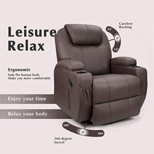 JUMMICO Recliner Chair Massage and Heating Living Room Chair, Rocking and 360° Swivel Home Leather Sofa with 2 Cup Holders and Side Pockets (Brown)