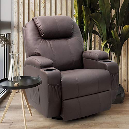 JUMMICO Recliner Chair Massage and Heating Living Room Chair, Rocking and 360° Swivel Home Leather Sofa with 2 Cup Holders and Side Pockets (Brown)