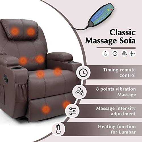 JUMMICO Recliner Chair Massage and Heating Living Room Chair, Rocking and 360° Swivel Home Leather Sofa with 2 Cup Holders and Side Pockets (Brown)