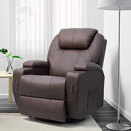 JUMMICO Recliner Chair Massage and Heating Living Room Chair, Rocking and 360° Swivel Home Leather Sofa with 2 Cup Holders and Side Pockets (Brown)