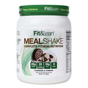 fit & lean meal shake meal replacement with protein, fiber, probiotics and organic fruits & vegetables, cookies and cream, 1lb, 10 servings per container