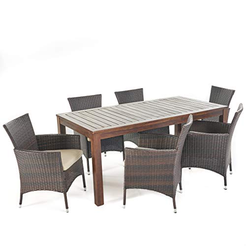 Christopher Knight Home Christine Outdoor Dining set with Wood Table and Wicker Dining Chairs with Water Resistant Cushions, 7-Pcs Set, Dark Brown / Multibrown / Beige