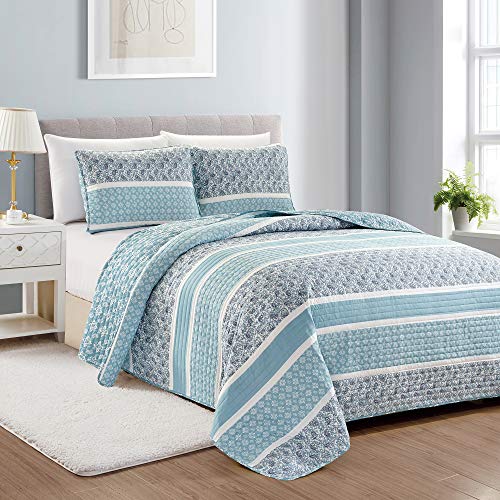 Great Bay Home 3-Piece Reversible Blue Full/Queen Quilt Comforter with 2 Shams | Lightweight, All-Season, Cozy, Modern Bedspreads | Paisley Coverlet Sets | Kadi Collection