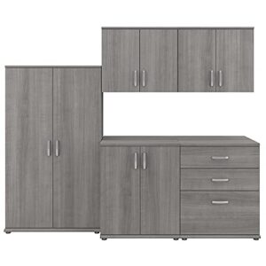 bush business furniture universal 5 piece modular laundry room storage set with floor and wall cabinets, platinum gray