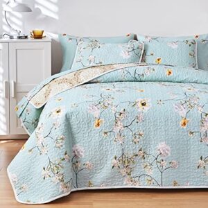 joyreap 3 pieces reversible floral quilt set aqua, microfiber soft quilt, elegant flower design bedspread, lightweight bed cover for all season, 1 quilt n 2 pillow shams (full/queen, 90×90 inches)